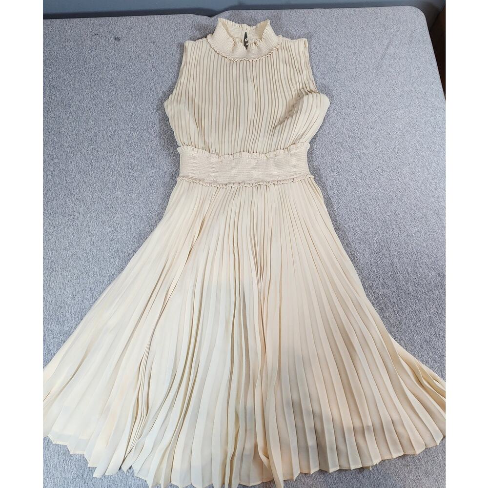 Nanette Lepore Cream Pleated Sleeveless‎ Mock Neck Fit & Flare Dress Size 8